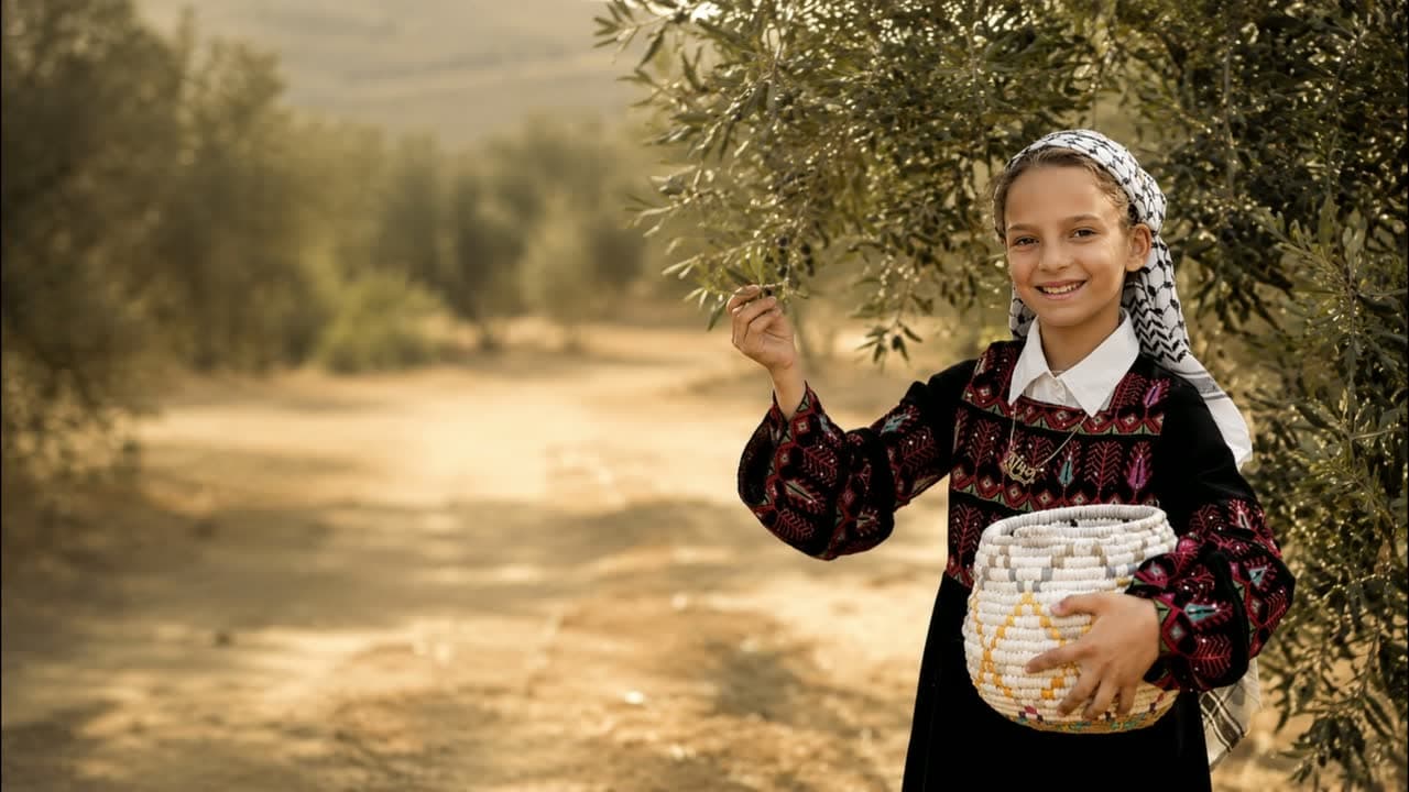 A girl in embroidered dress picking olives on a sunlit grove road