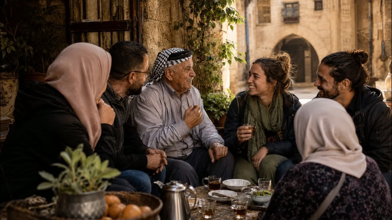 Travelers and a Palestinian family laughing over tea in an old city courtyard