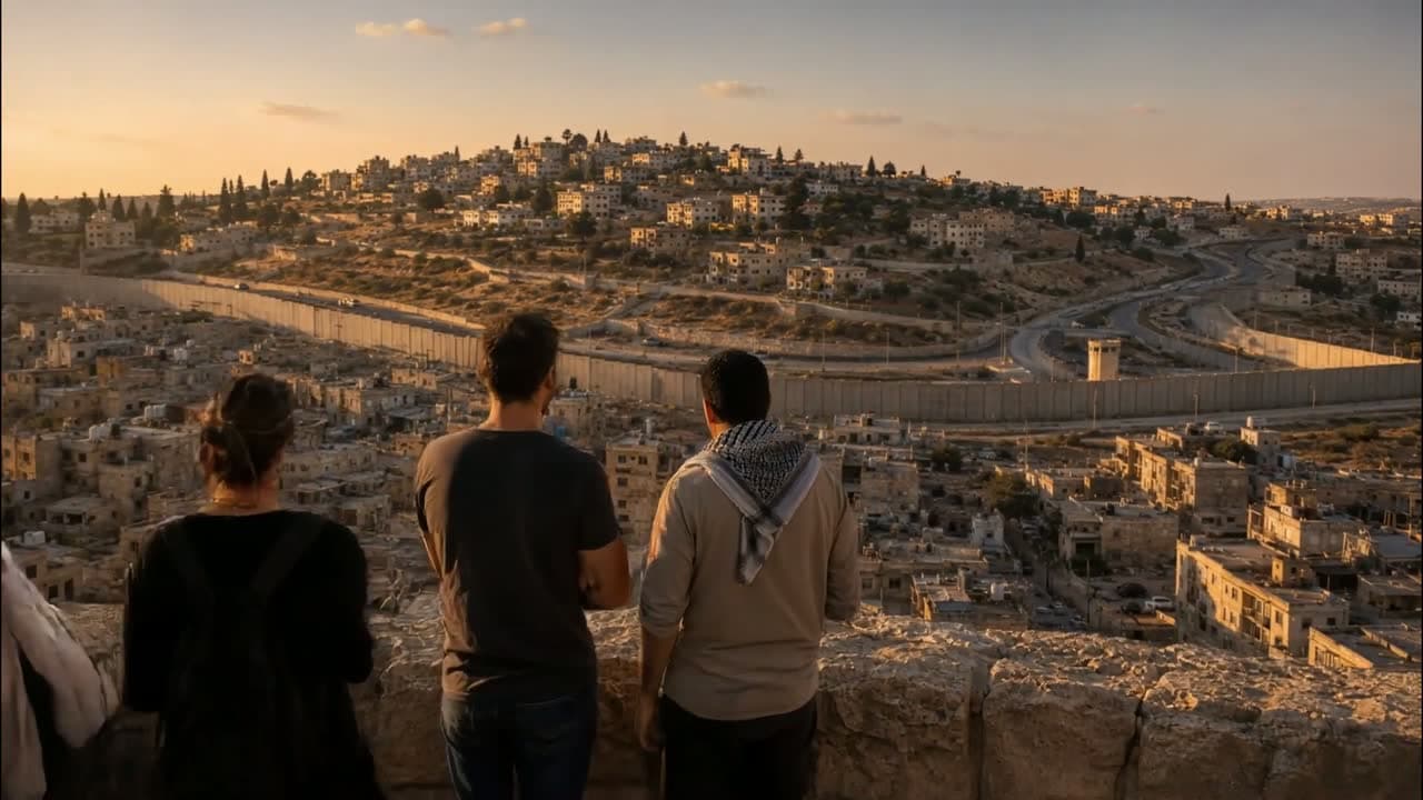 Three travelers at an overlook at sunset, facing the Separation Wall winding through the hills